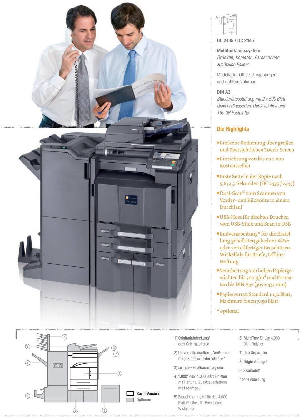 000 Kostenstellen Erste Seite in der Kopie nach 5,6 / 4,7 Sekunden (DC 2435 / 2445) Dual-Scan* zum Scannen von Vorder- und Rückseite in einem Durchlauf USB-Host für direktes Drucken vom USB-Stick und