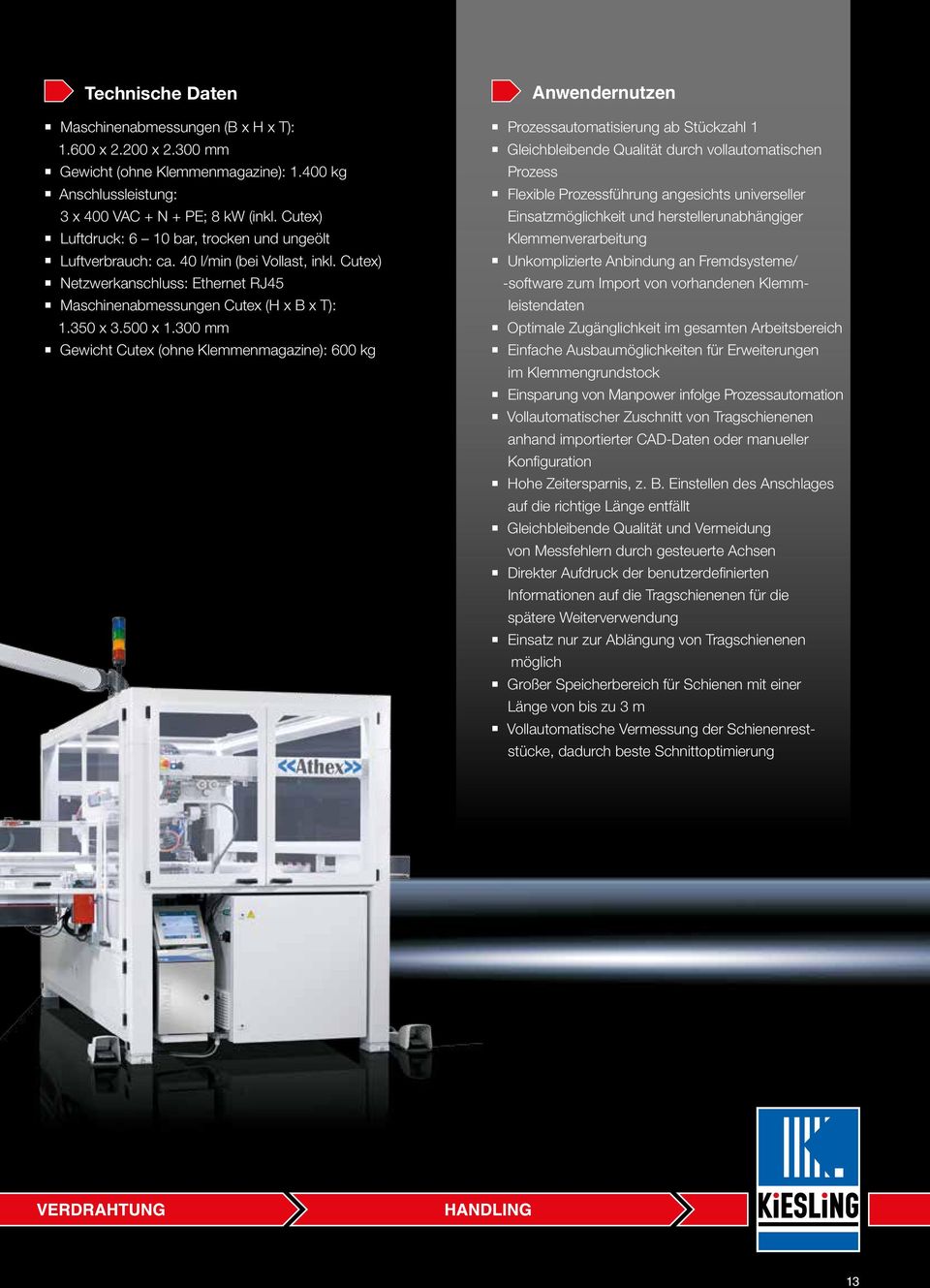 300 mm Gewicht Cutex (ohne Klemmenmagazine): 600 kg Anwendernutzen Prozessautomatisierung ab Stückzahl 1 Gleichbleibende Qualität durch vollautomatischen Prozess Flexible Prozessführung angesichts