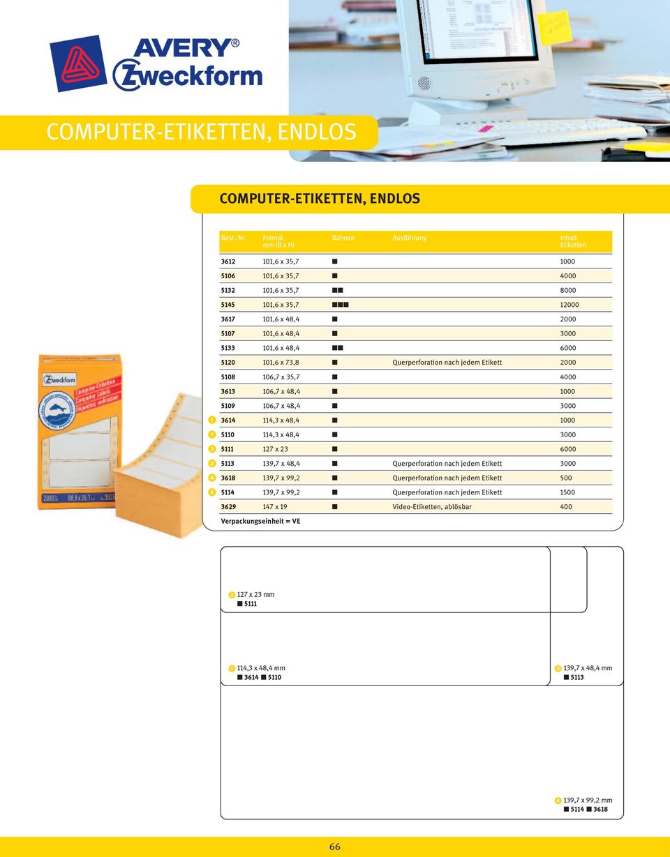 101,6 x 48,4 6000 5120 101,6 x 73,8 Querperforation nach jedem Etikett 2000 5108 106,7 x 35,7 4000 3613 106,7 x 48,4 1000 5109 106,7 x 48,4 3000 3614 114,3 x 48,4 1000 5110 114,3 x 48,4 3000 5111 127
