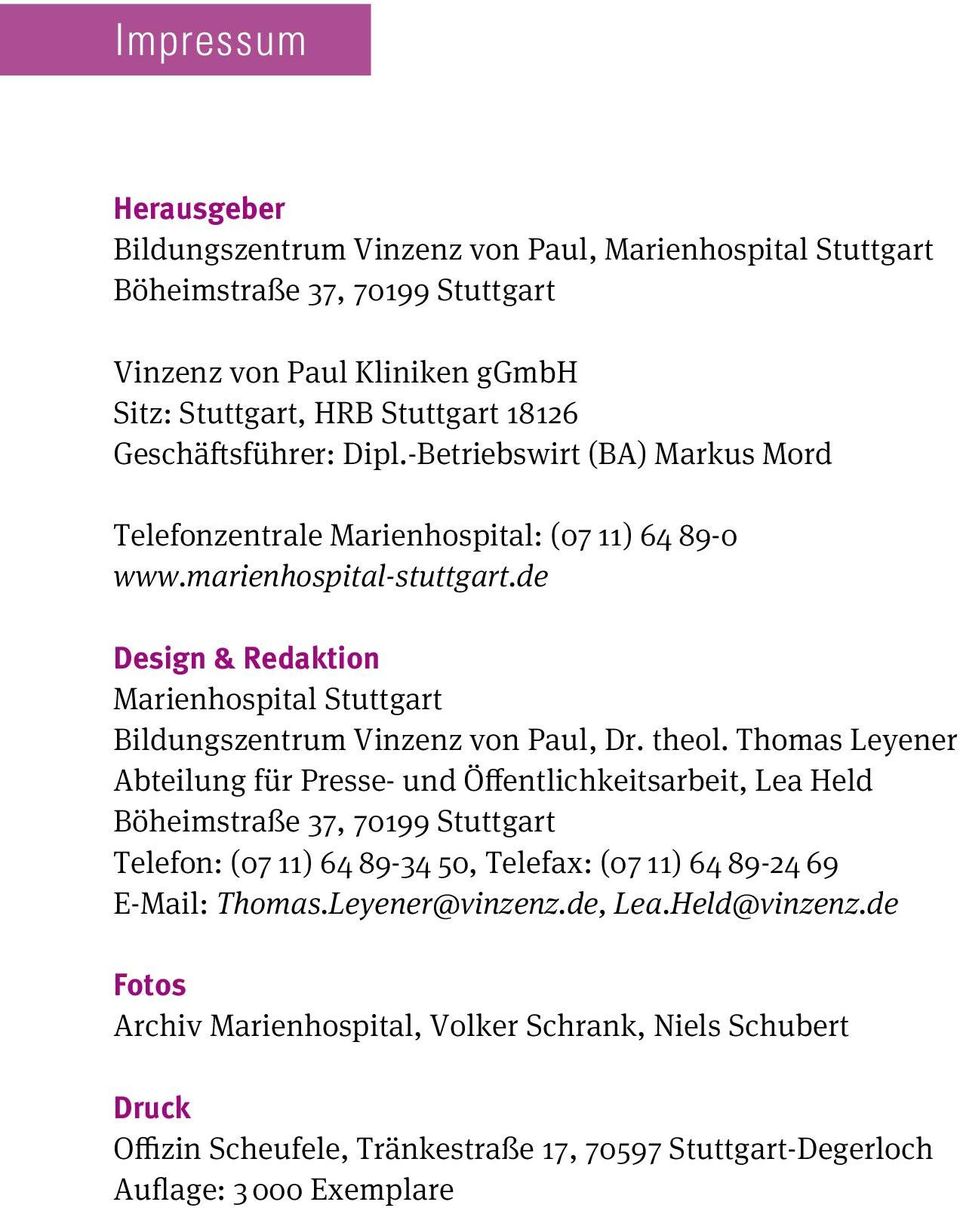 de Design & Redaktion Marienhospital Stuttgart Bildungszentrum Vinzenz von Paul, Dr. theol.