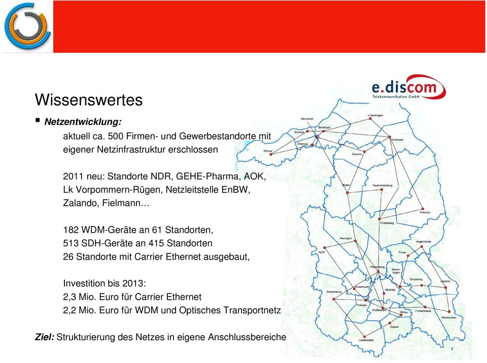 Vorpommern-Rügen, Netzleitstelle EnBW, Zalando, Fielmann 182 WDM-Geräte an 61 Standorten, 513 SDH-Geräte an 415 Standorten