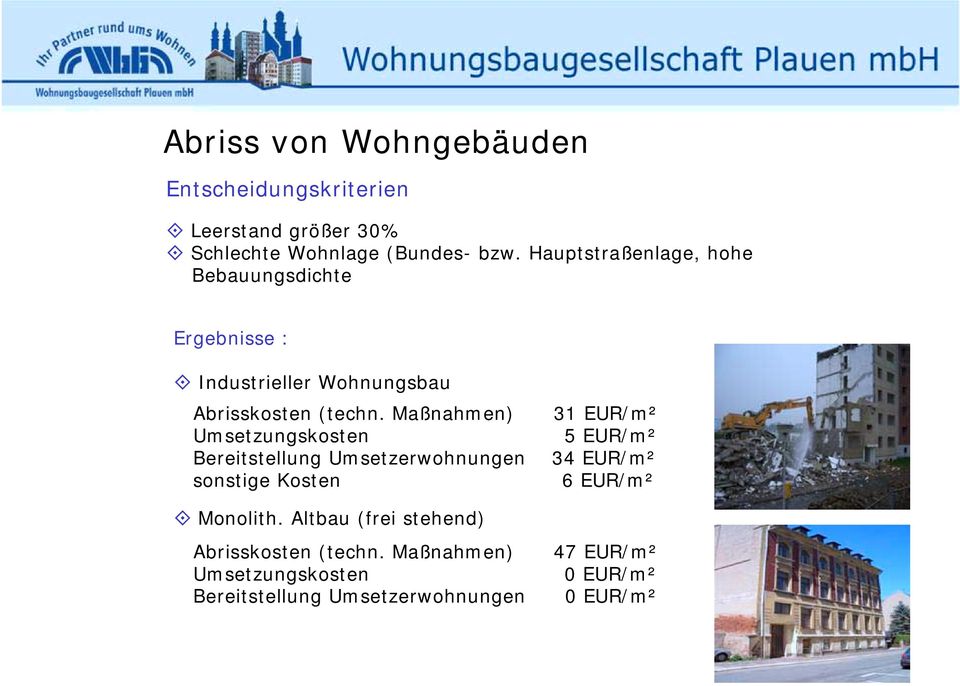 Maßnahmen) 31 EUR/m² Umsetzungskosten 5 EUR/m² Bereitstellung Umsetzerwohnungen 34 EUR/m² sonstige Kosten 6 EUR/m²!