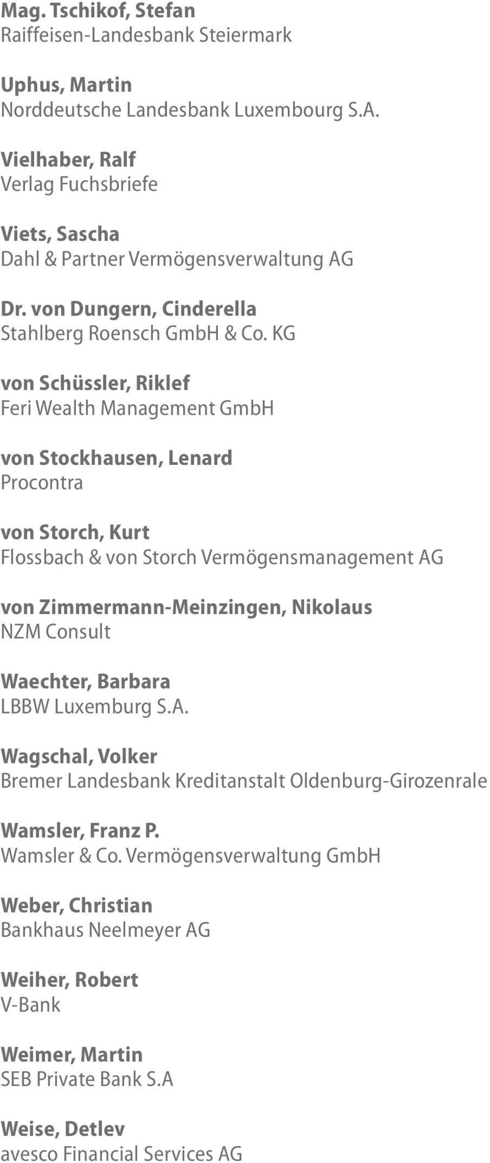 KG von Schüssler, Riklef Feri Wealth Management GmbH von Stockhausen, Lenard Procontra von Storch, Kurt Flossbach & von Storch Vermögensmanagement AG von Zimmermann-Meinzingen,