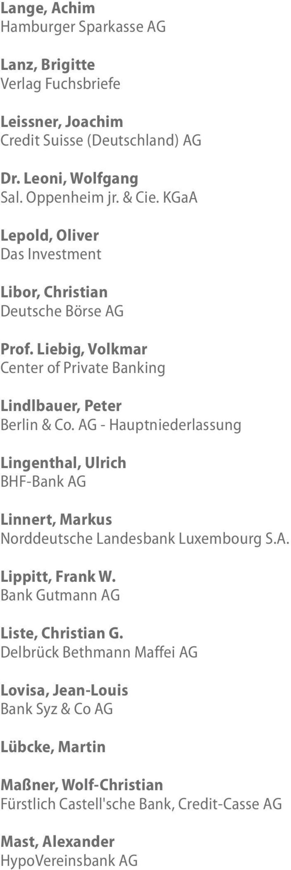 AG - Hauptniederlassung Lingenthal, Ulrich BHF-Bank AG Linnert, Markus Norddeutsche Landesbank Luxembourg S.A. Lippitt, Frank W.