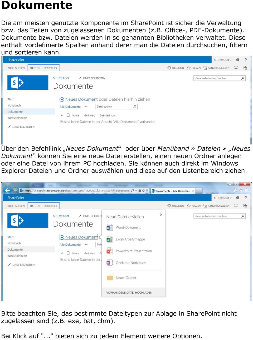 Über den Befehllink Neues Dokument oder über Menüband» Dateien» Neues Dokument können Sie eine neue Datei erstellen, einen neuen Ordner anlegen oder eine Datei von ihrem PC hochladen.