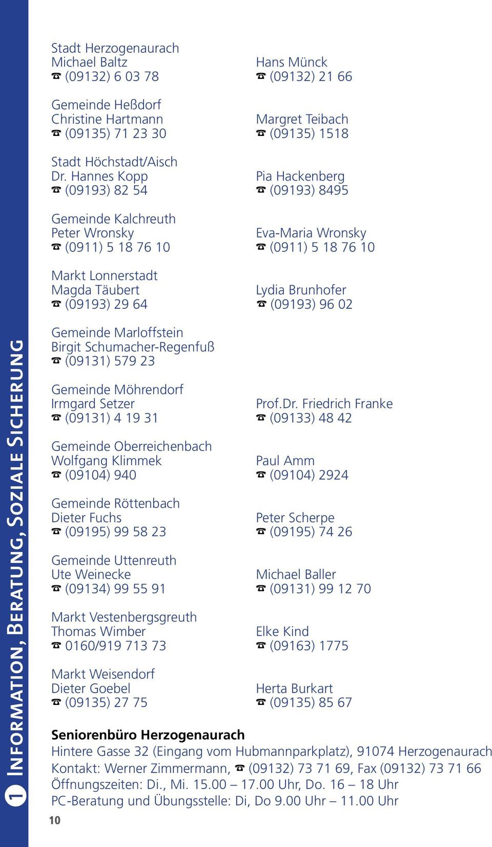 (09193) 29 64 % (09193) 96 02 Information, Beratung, Soziale Sicherung 1 Gemeinde Marloffstein Birgit Schumacher-Regenfuß % (09131) 579 23 Gemeinde Möhrendorf Irmgard Setzer Prof.Dr.