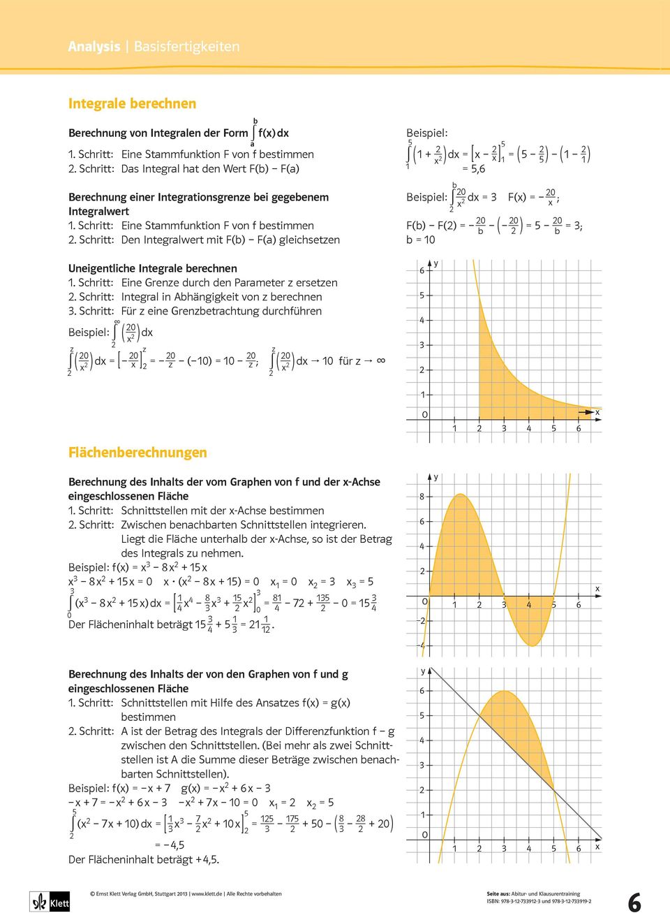 Schritt: Den Integralwert mit F (b) F (a) gleichsetzen 5 + : x dx = x b = 5,6 x 5 5 = 5 5 : 0 x dx = F (x) = 0 x ; F (b) F () = 0 b 0 = 5 0= ; b b = 0 Uneigentliche Integrale berechnen.