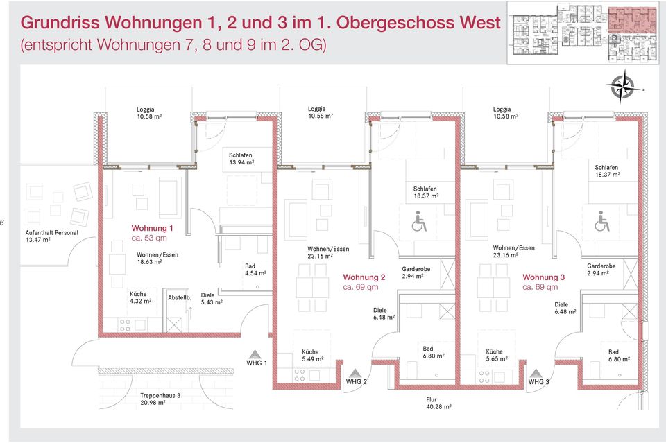 16 m² Wohnung 2 ca. 69 qm 6.48 m² Garderobe 2.94 m² 23.16 m² Wohnung 3 ca. 69 qm 6.48 m² Garderobe 2.94 m² WHG 1 5.49 m² 6.80 m² 5.65 m² 6.