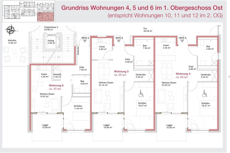 98 m² Garderobe WHG 6 5.89 m² WHG 5 WHG 4 7.26 m² 6.36 m² 6.80 m² 6.68 m² 4.30 m² Abstellb. 1.42 m² Wohnung 6 ca. 49 qm 7.83 m² 4.00 m² 22.16 m² 6.
