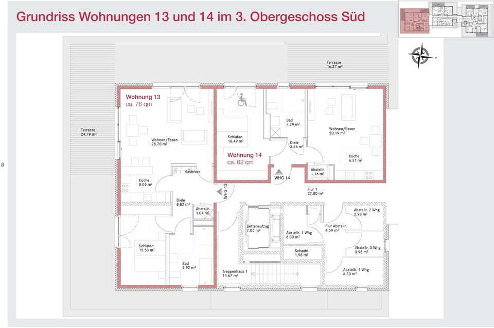 66 m² Abstellr. 1.16 m² Flur 1 32.80 m² 20.19 m² 6.51 m² Abstellr. 2 Whg 3.98 m² 19.29 m² W WHG ca. 76 Bettenaufzug 7.