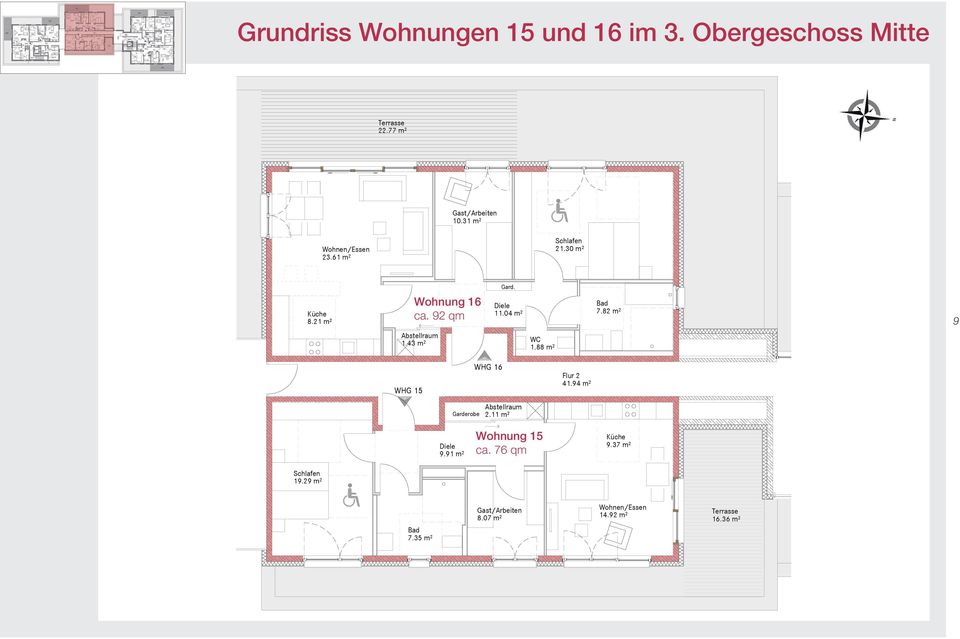 35 m² Garderobe 9.91 m² WHG 16 Abstellraum 2.11 m² Gast/Arbeiten 8.07 m² WC 1.88 m² Wohnung 15 ca. 76 qm Flur 2 41.94 m² 9.37 m² 14.92 m² 16.36 m² +10.00 +9.