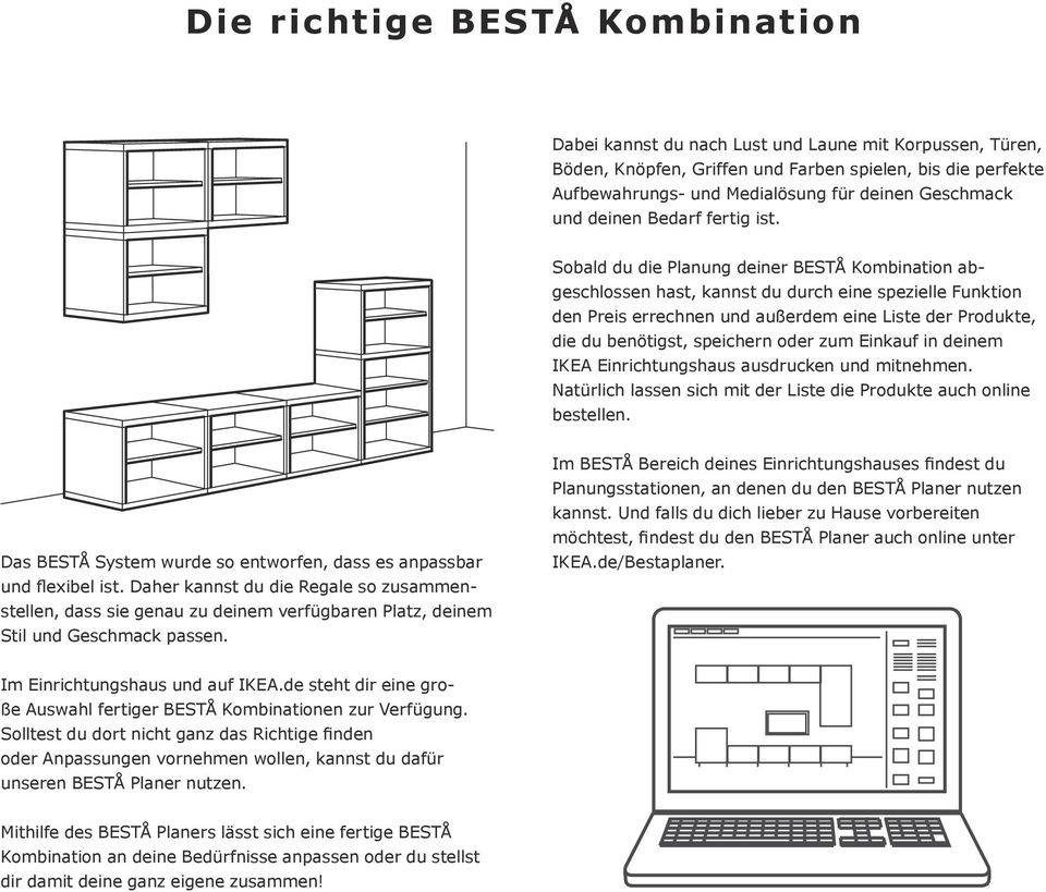 Sobald du die Planung deiner BESTÅ Kombination abgeschlossen hast, kannst du durch eine spezielle Funktion den Preis errechnen und außerdem eine Liste der Produkte, die du benötigst, speichern oder