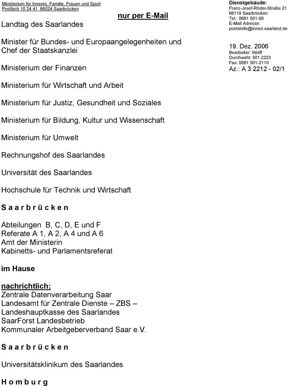 2006 Bearbeiter: Wolff Durchwahl: 501 2223 Fax: 0681 501-2110 Az.