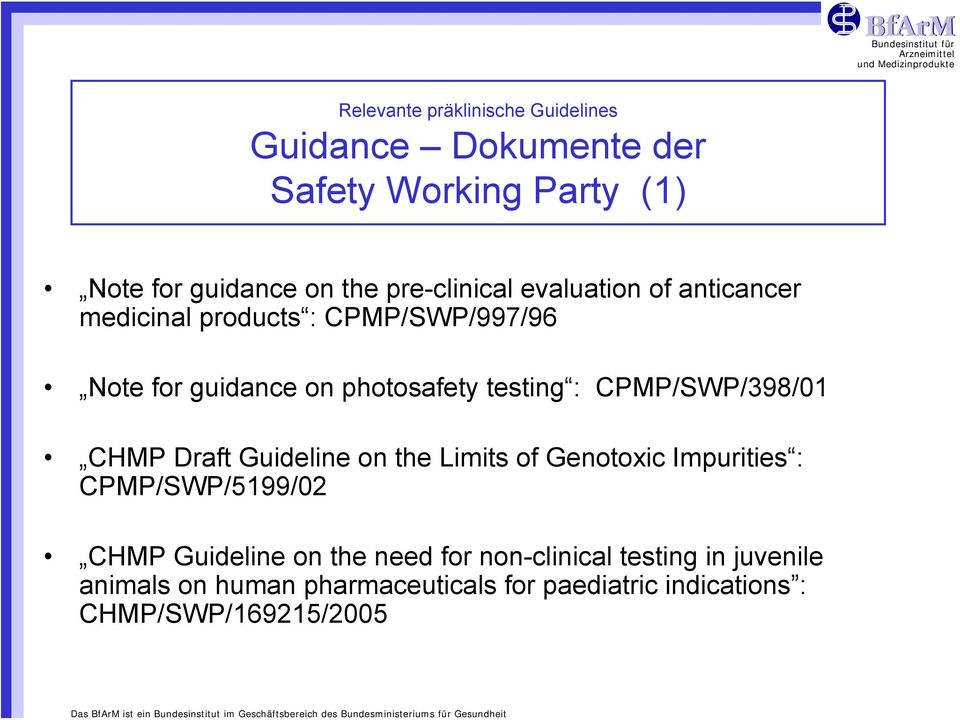 : CPMP/SWP/398/01 CHMP Draft Guideline on the Limits of Genotoxic Impurities : CPMP/SWP/5199/02 CHMP Guideline on