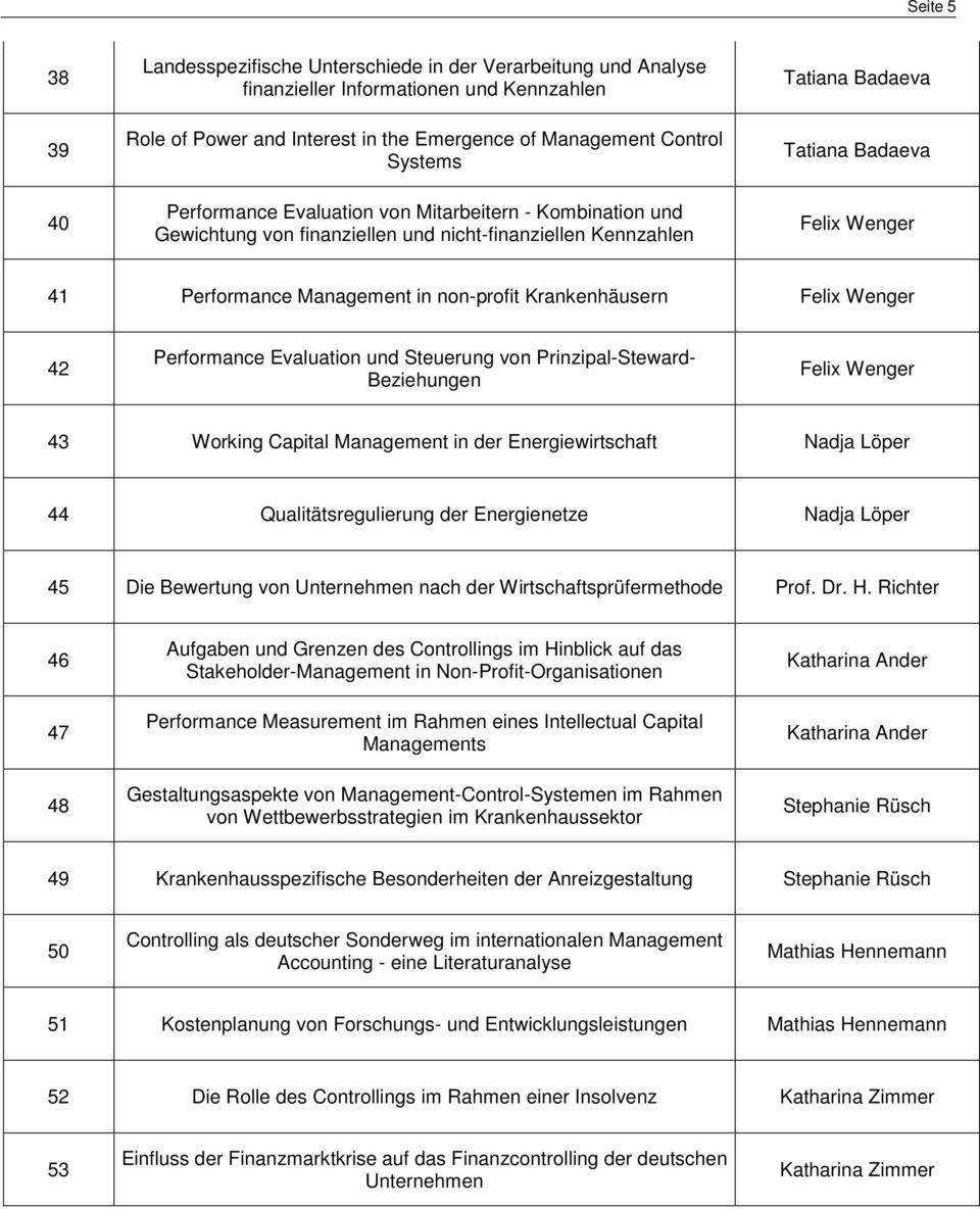 Wenger 42 Performance Evaluation und Steuerung von Prinzipal-Steward- Beziehungen Felix Wenger 43 Working Capital Management in der Energiewirtschaft Nadja Löper 44 Qualitätsregulierung der