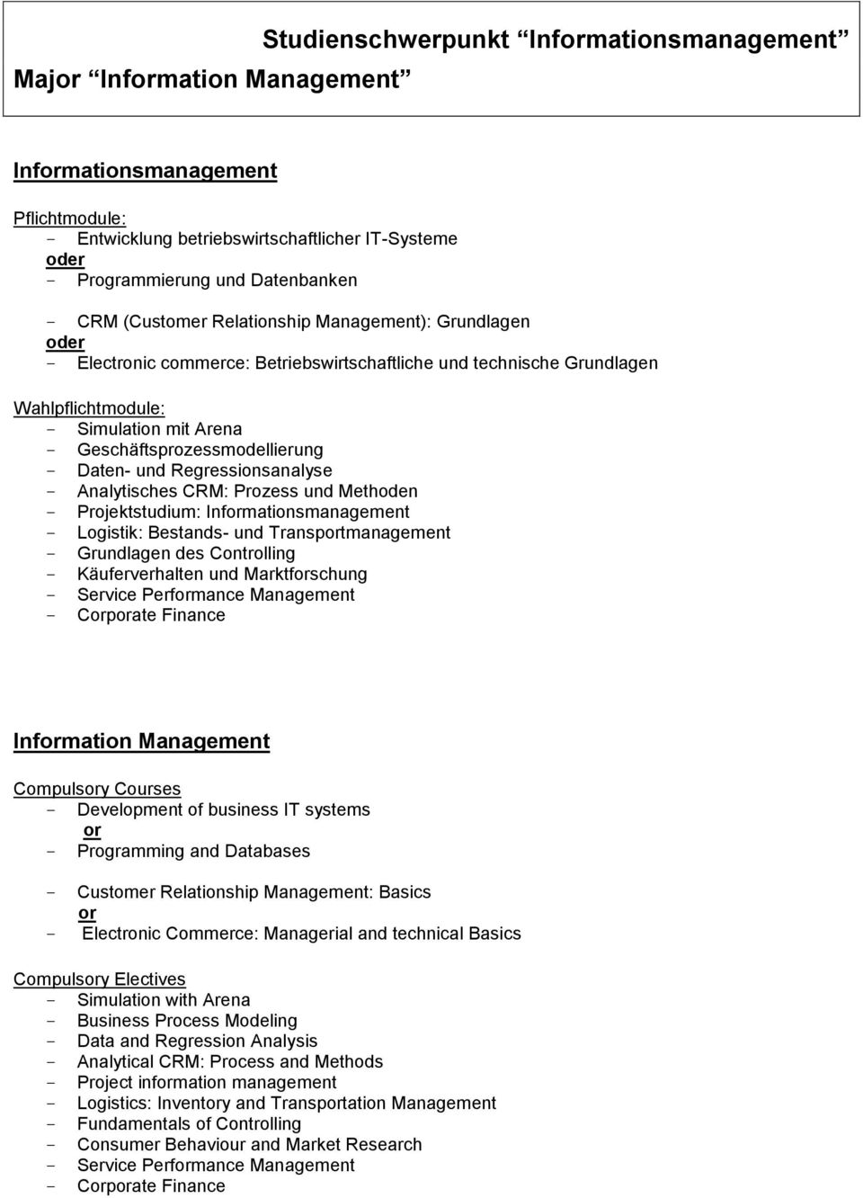 Geschäftsprozessmodellierung - Daten- und Regressionsanalyse - Analytisches CRM: Prozess und Methoden - Projektstudium: Informationsmanagement - Logistik: Bestands- und Transportmanagement -