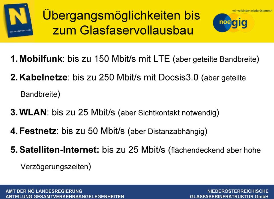 Kabelnetze: bis zu 250 Mbit/s mit Docsis3.0 (aber geteilte Bandbreite) 3.
