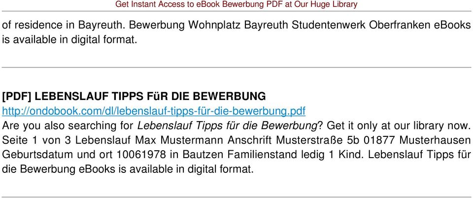 pdf Are you also searching for Lebenslauf Tipps für die Bewerbung? Get it only at our library now.