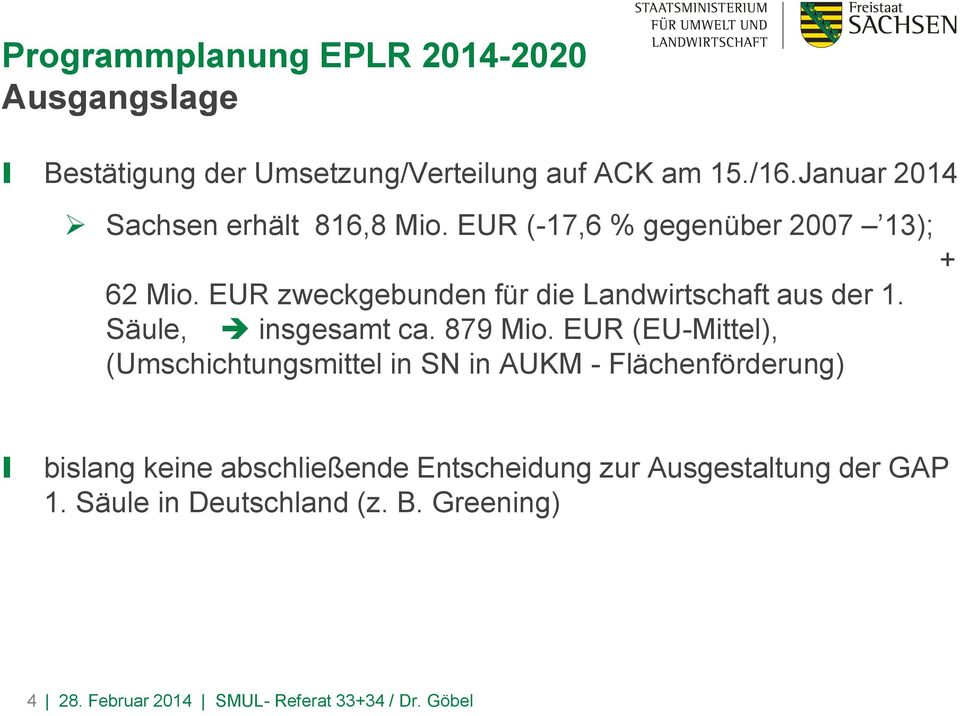 EUR zweckgebunden für die Landwirtschaft aus der 1. Säule, insgesamt ca. 879 Mio.