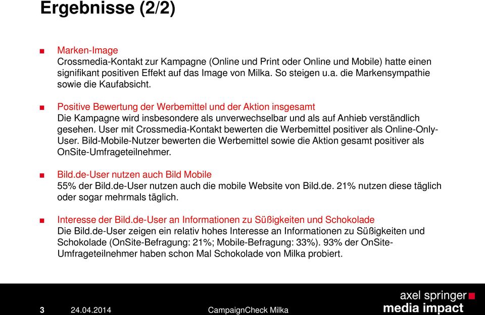 User mit Crossmedia-Kontakt bewerten die Werbemittel positiver als Online-Only- User. Bild-Mobile-Nutzer bewerten die Werbemittel sowie die Aktion gesamt positiver als OnSite-Umfrageteilnehmer. Bild.de-User nutzen auch Bild Mobile 55% der Bild.