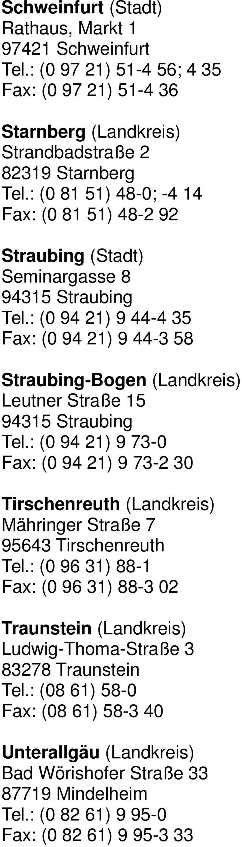 : (0 94 21) 9 44-4 35 Fax: (0 94 21) 9 44-3 58 Straubing-Bogen (Landkreis) Leutner Straße 15 94315 Straubing Tel.