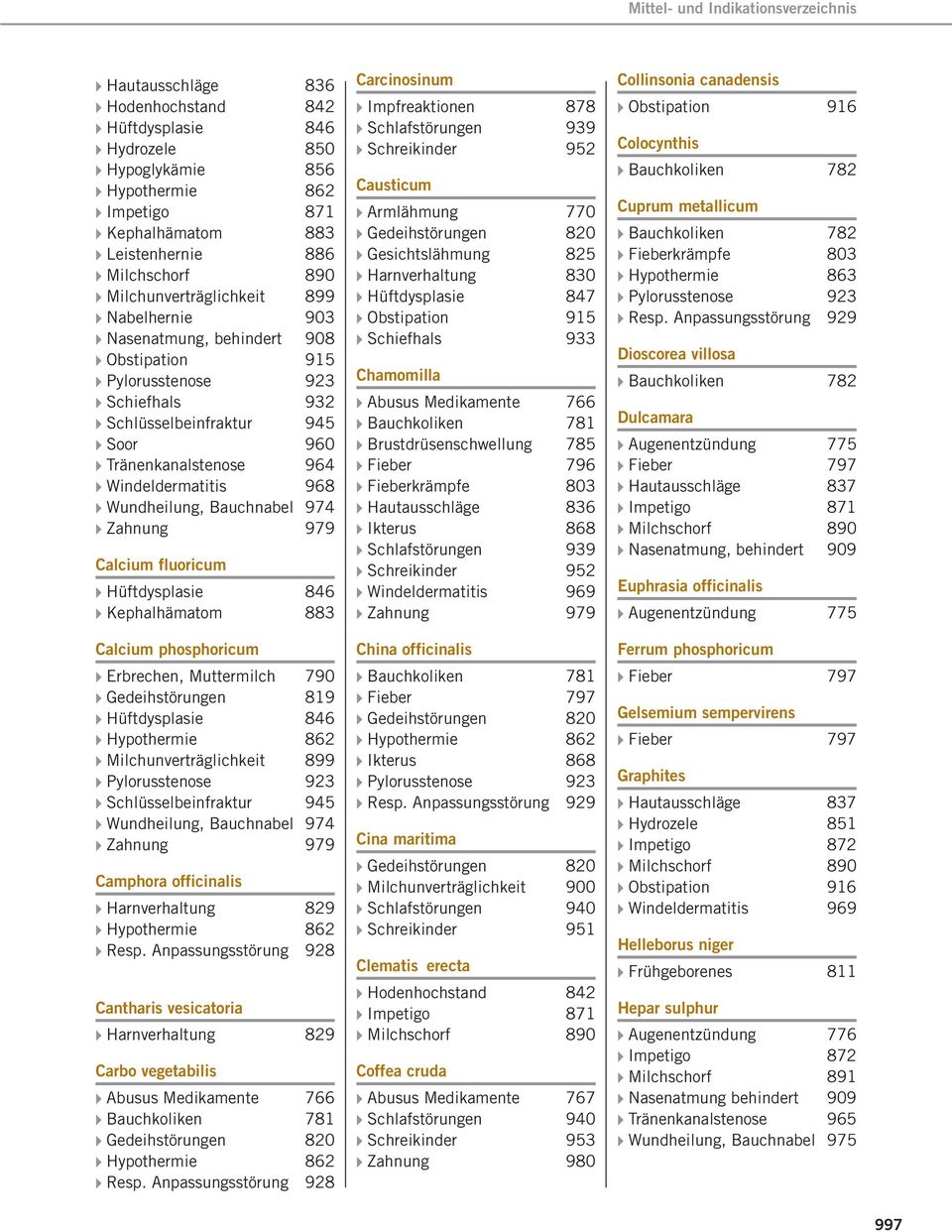 Zahnung 979 Calcium fluoricum Hüftdysplasie 846 Kephalhämatom 883 Calcium phosphoricum Erbrechen, Muttermilch 790 Gedeihstörungen 819 Hüftdysplasie 846 Hypothermie 862 Milchunverträglichkeit 899