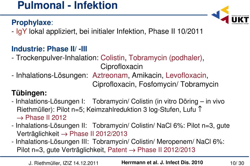 vivo Riethmüller): Pilot n=5; Keimzahlreduktion 3 log-stufen, Lufu Phase II 2012 - Inhalations-Lösungen II: Tobramycin/ Colistin/ NaCl 6%: Pilot n=3, gute Verträglichkeit Phase II 2012/2013 -
