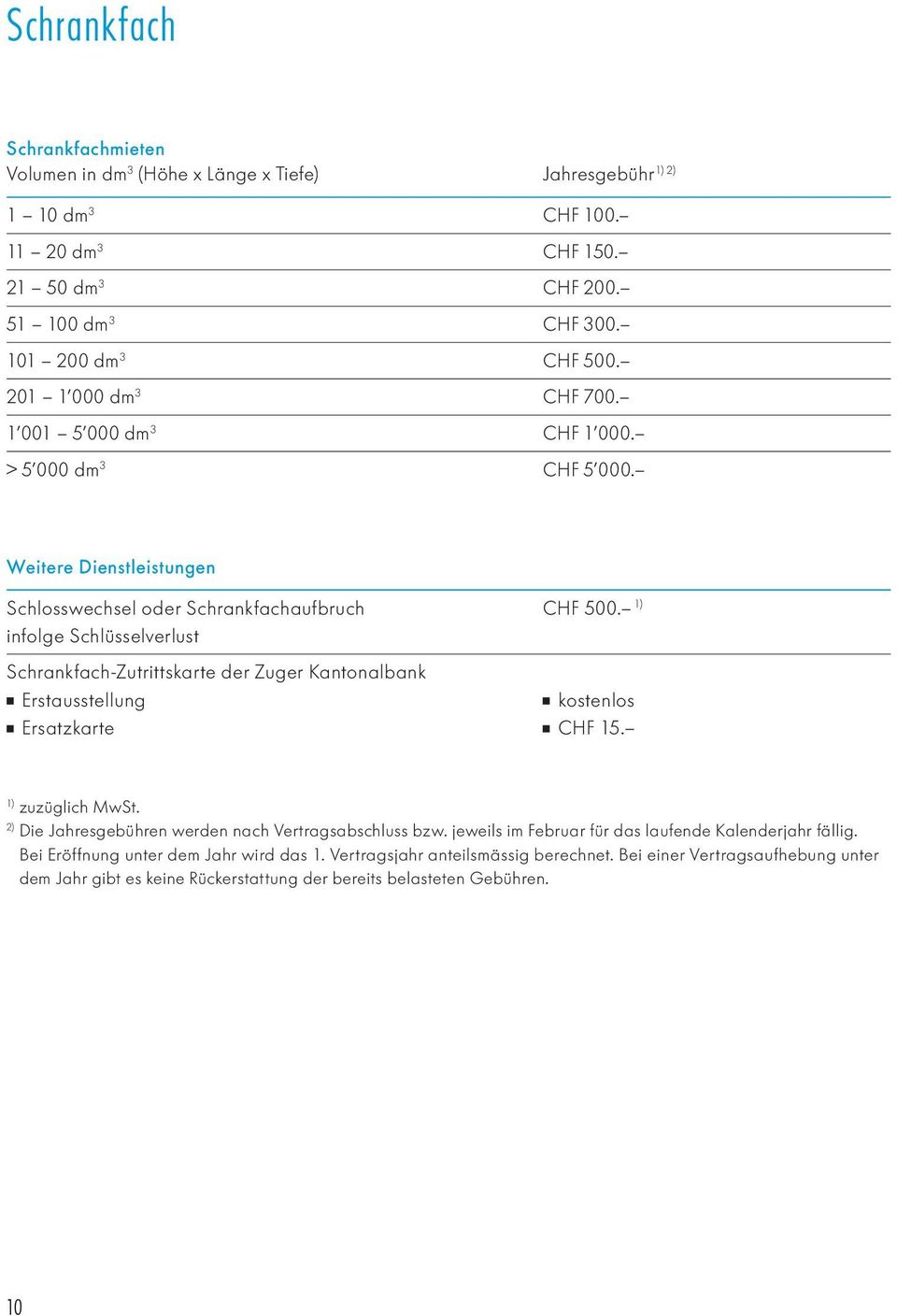 Weitere Dienstleistungen Schlosswechsel oder Schrankfachaufbruch infolge Schlüsselverlust Schrankfach-Zutrittskarte der Zuger Kantonalbank Erstausstellung Ersatzkarte CHF 500. 1) CHF 15.