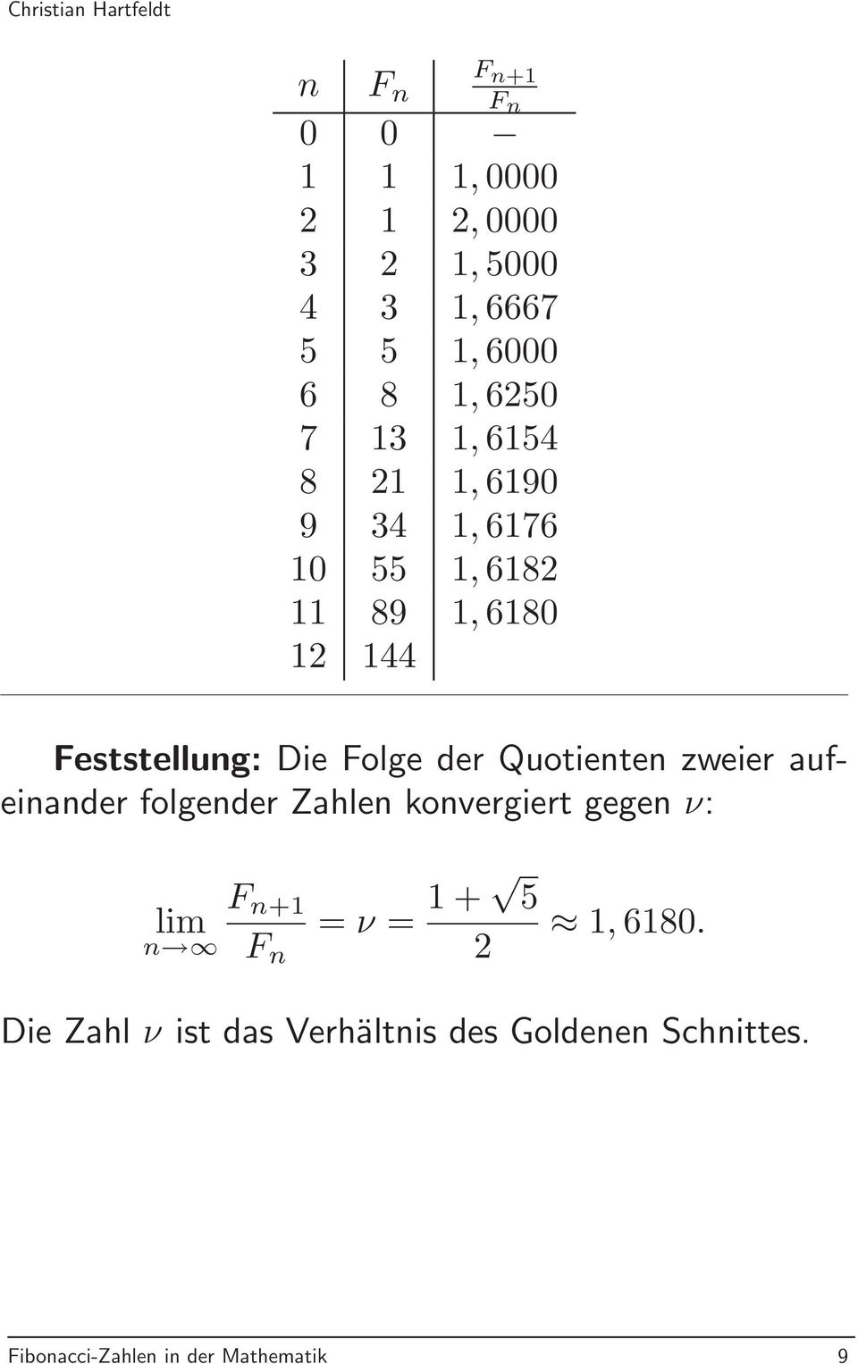 Quotienten zweier aufeinander folgender Zahlen konvergiert gegen ν: lim n = ν = 1+ F n F