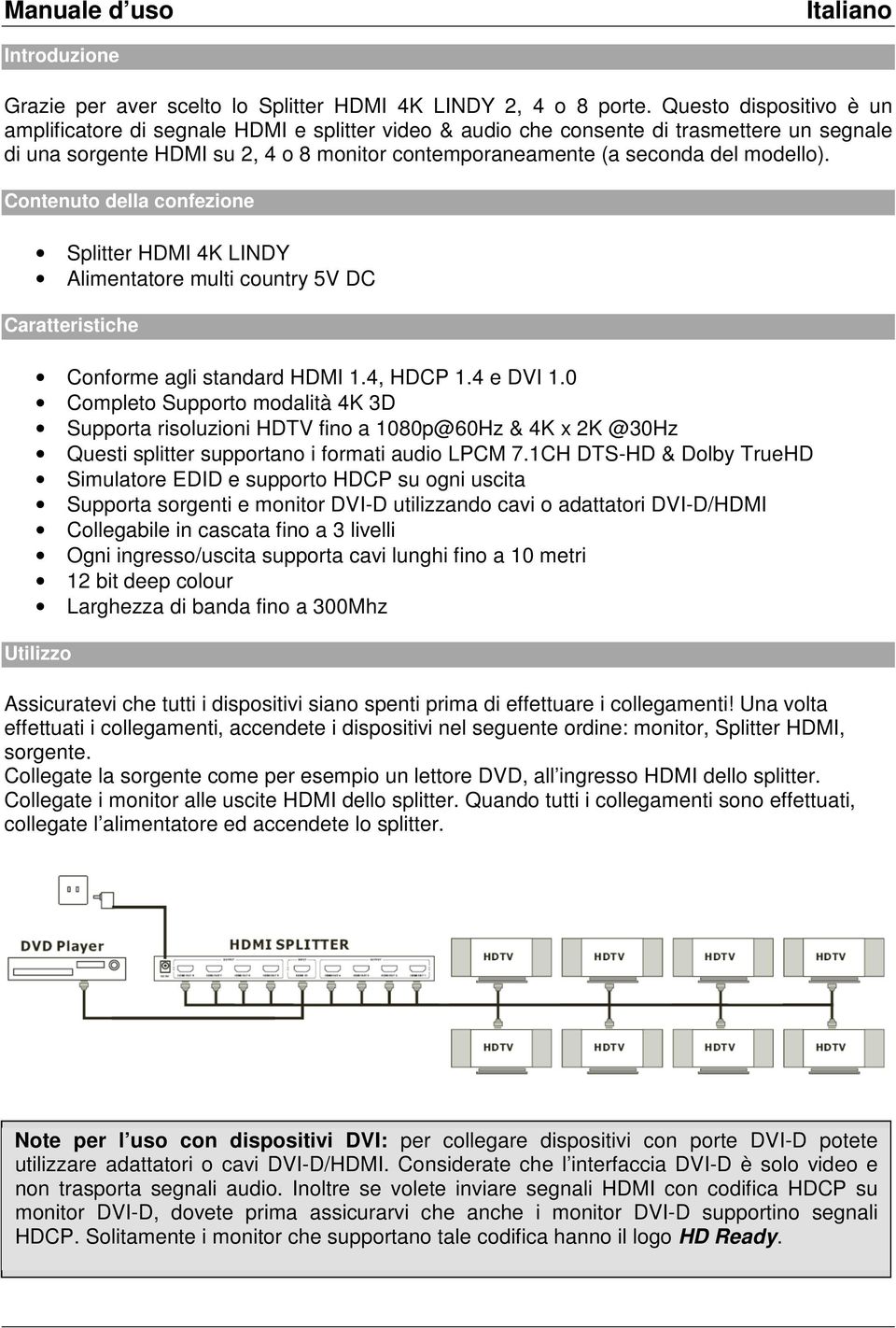 modello). Contenuto della confezione Splitter HDMI 4K LINDY Alimentatore multi country 5V DC Caratteristiche Conforme agli standard HDMI 1.4, HDCP 1.4 e DVI 1.