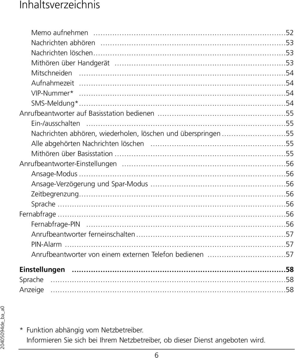 Anrufbeantworter-Einstellungen 56 Ansage-Modus 56 Ansage-Verzögerung und Spar-Modus 56 Zeitbegrenzung 56 Sprache 56 Fernabfrage 56 Fernabfrage-PIN 56 Anrufbeantworter ferneinschalten 57 PIN-Alarm