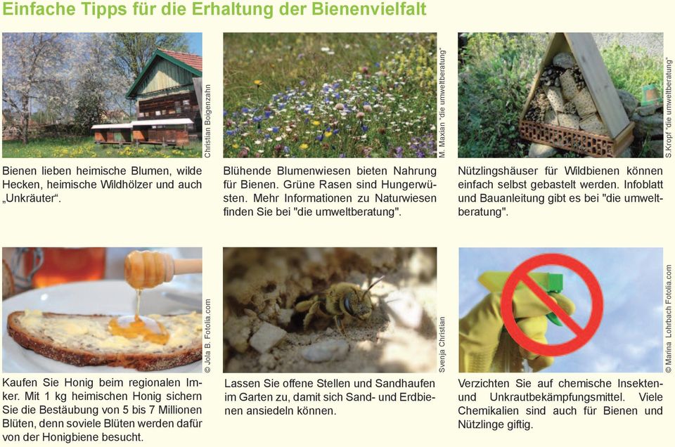 Mehr Informationen zu Naturwiesen finden Sie bei "die umweltberatung". Nützlingshäuser für Wildbienen können einfach selbst gebastelt werden.