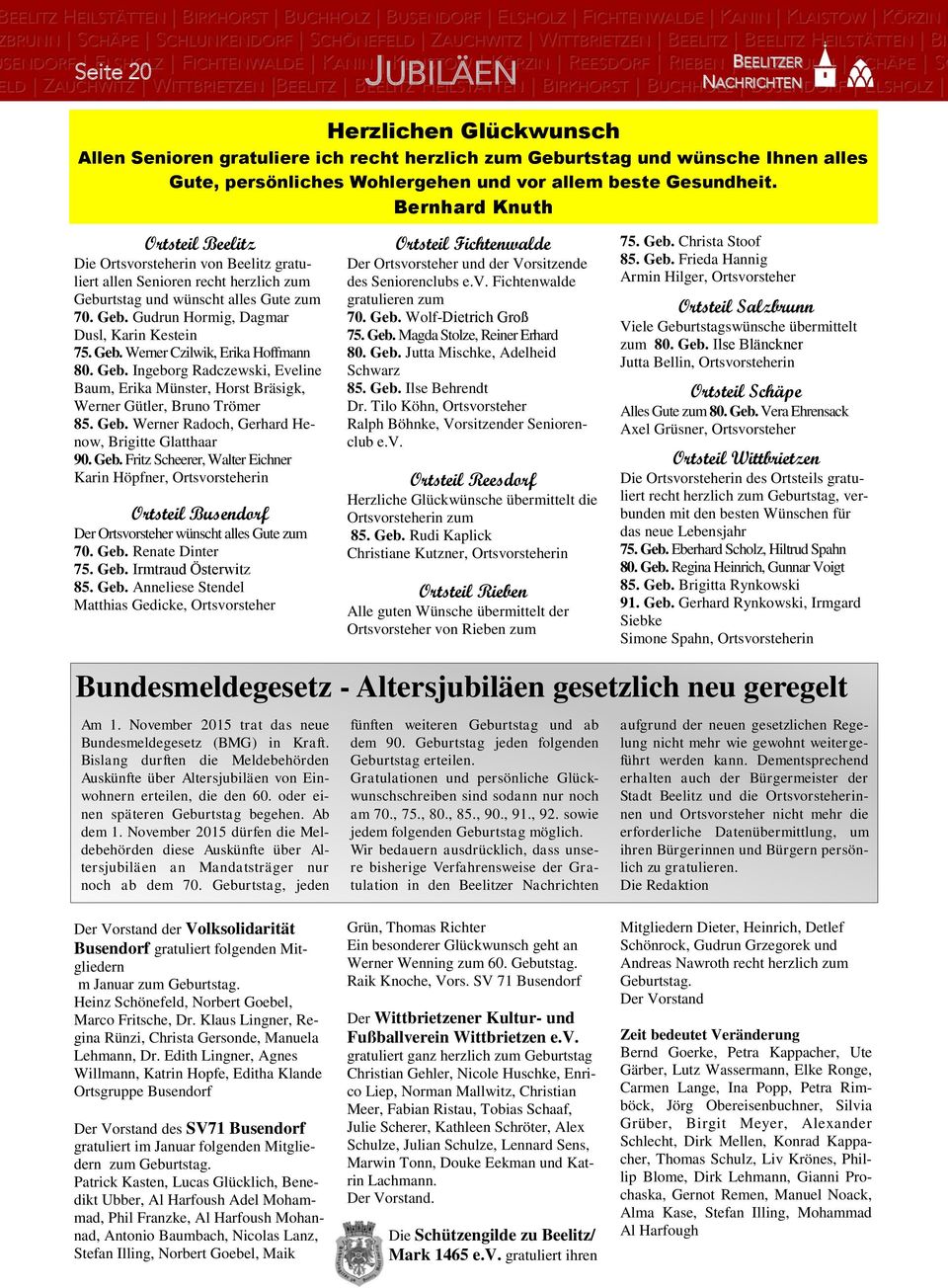 Geb. Werner Czilwik, Erika Hoffmann 80. Geb. Ingeborg Radczewski, Eveline Baum, Erika Münster, Horst Bräsigk, Werner Gütler, Bruno Trömer 85. Geb. Werner Radoch, Gerhard Henow, Brigitte Glatthaar 90.