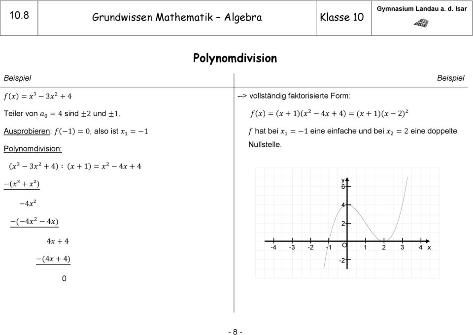 Ausprobieren: f( 1) = 0, also ist 1 = 1 Polynomdivision: --> vollständig faktorisierte Form: f() = ( +