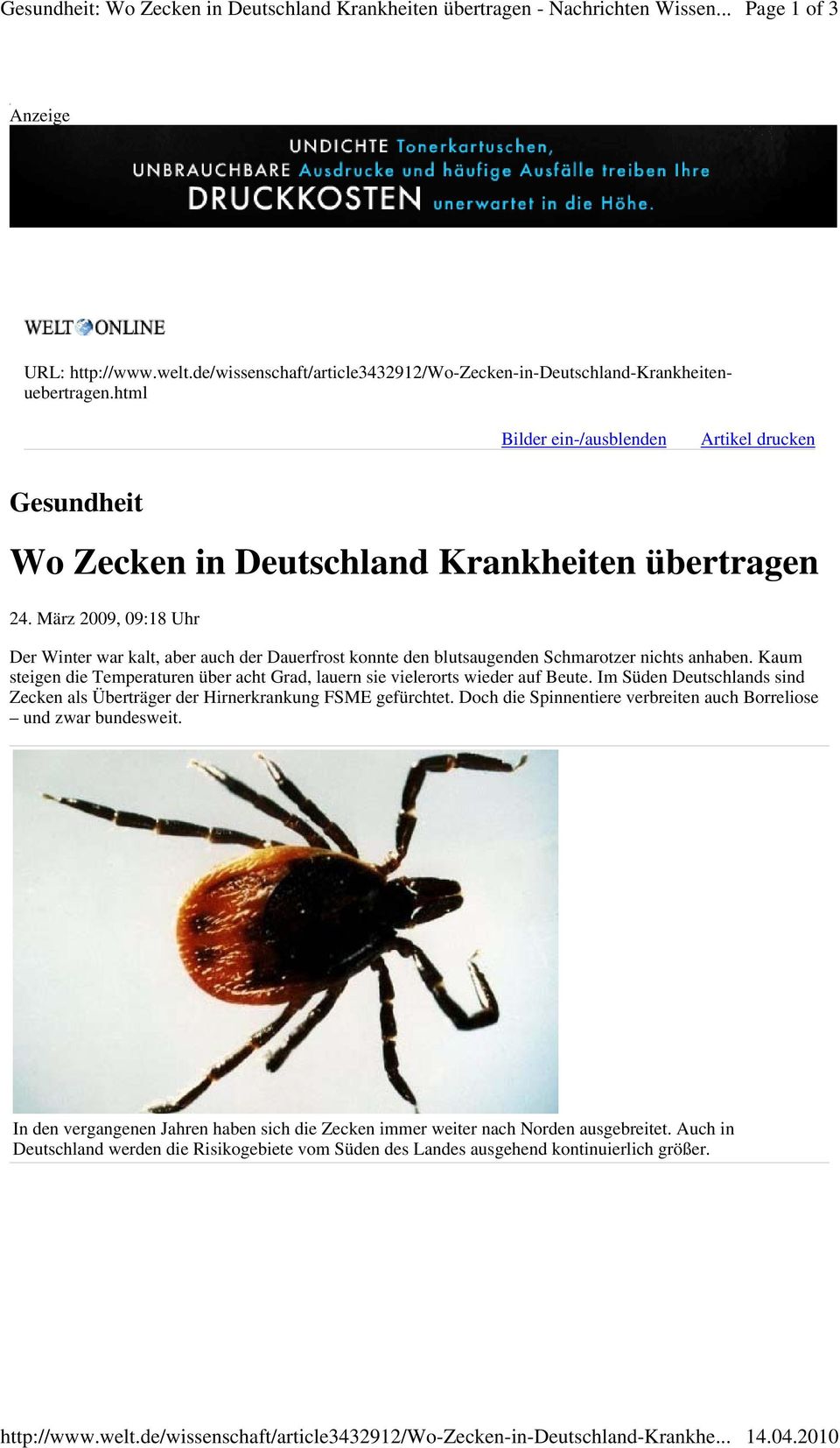 html Bilder ein-/ausblenden Artikel drucken Gesundheit Wo Zecken in Deutschland Krankheiten übertragen 24.