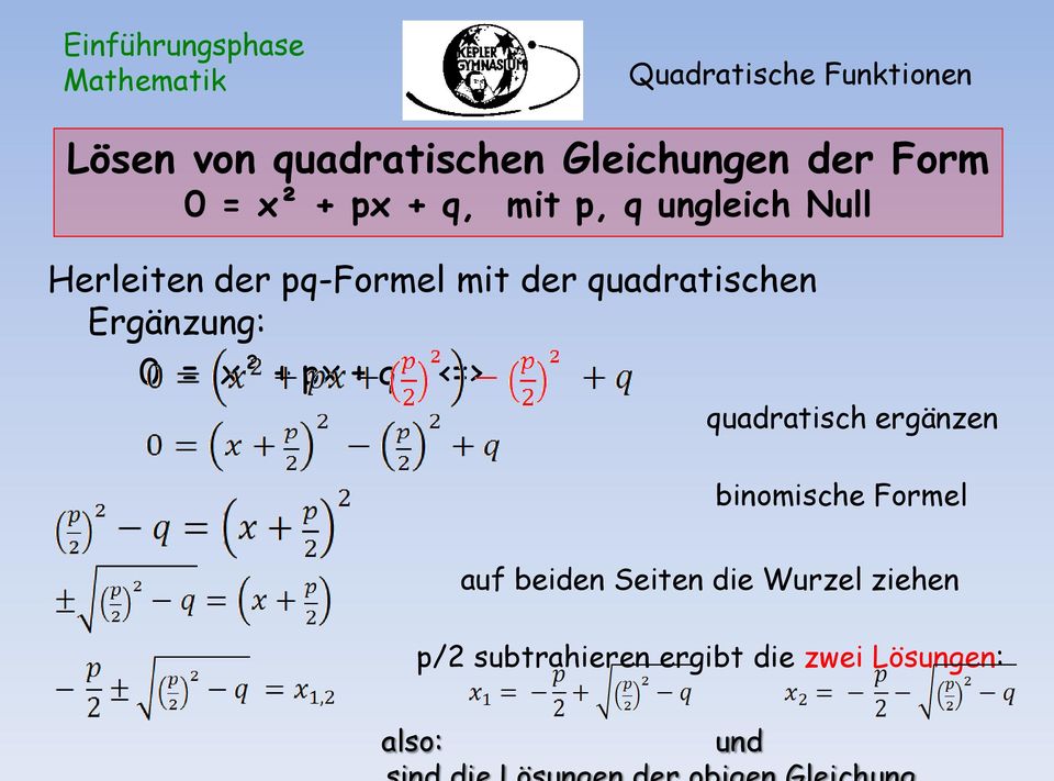 = x² + px + q <=> quadratisch ergänzen binomische Formel auf beiden