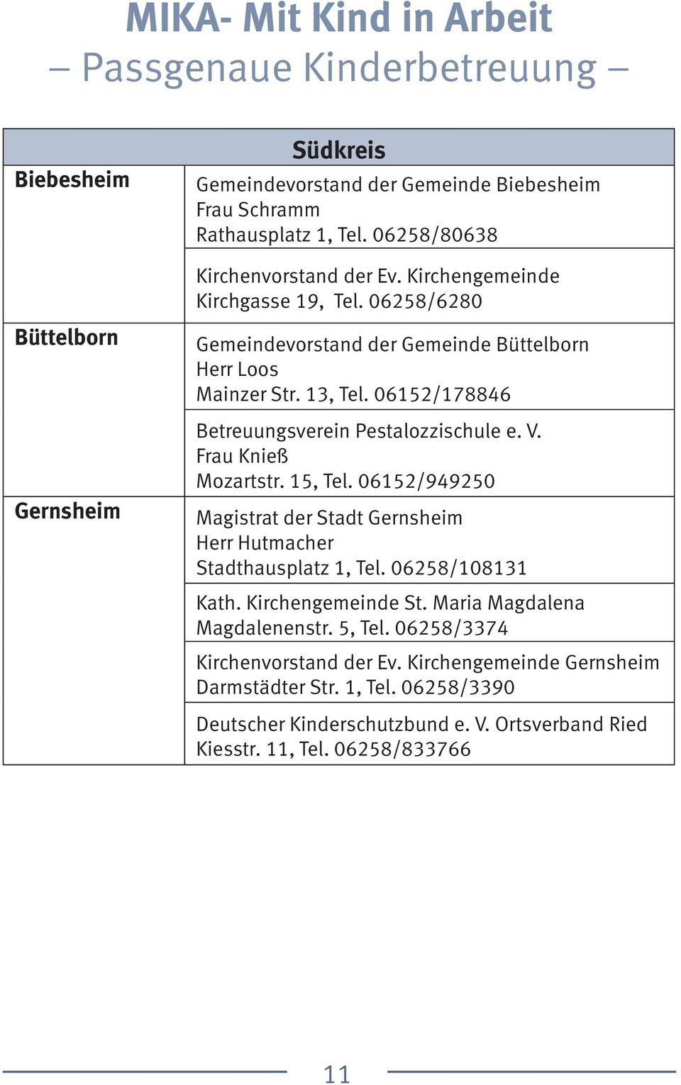 06258/6280 Gemeindevorstand der Gemeinde Büttelborn Herr Loos Frau Knieß Magistrat der Stadt Gernsheim Herr