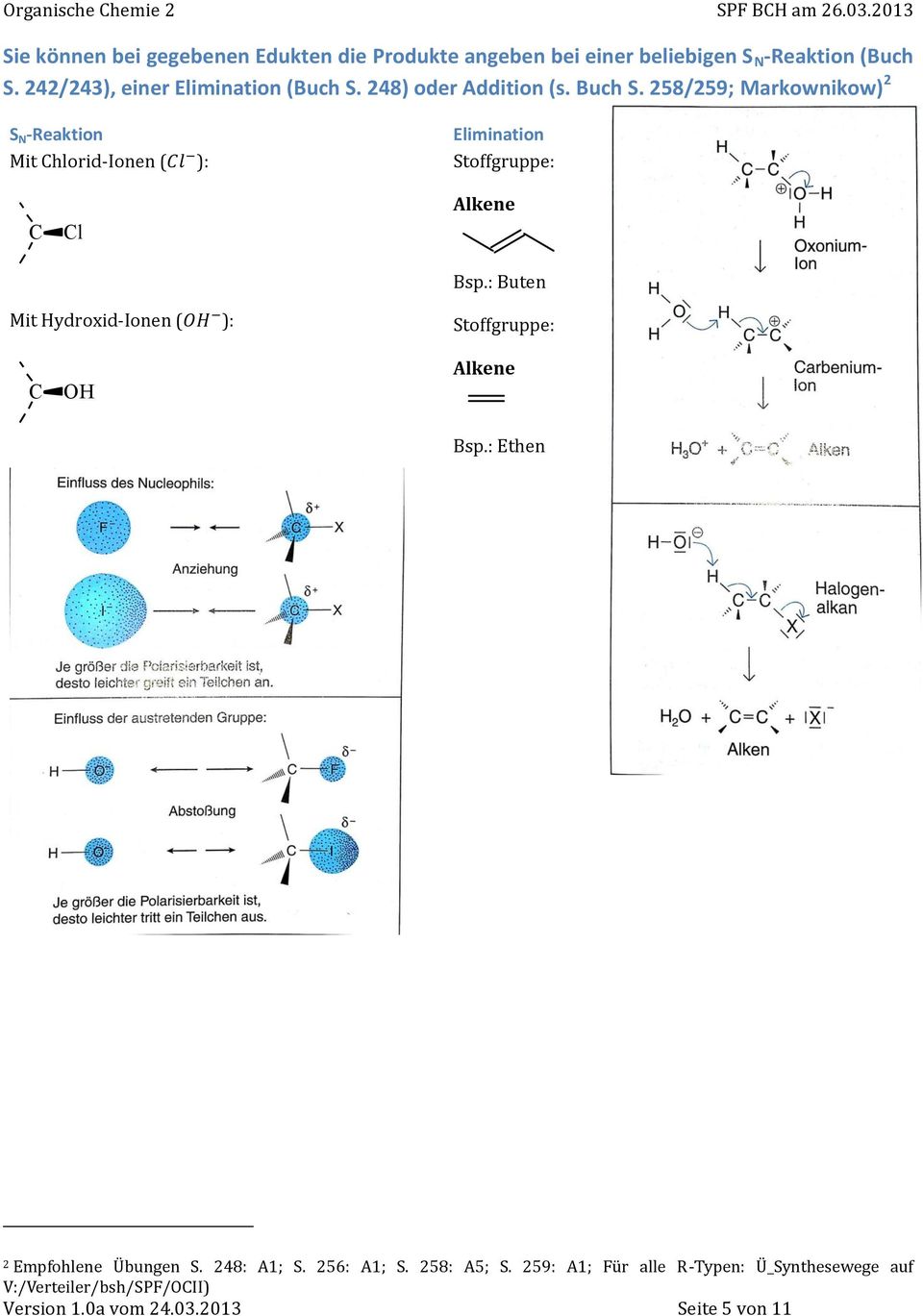 258/259; Markownikow) 2 S N -Reaktion Mit Chlorid-Ionen ( ): Elimination C Cl Alkene Bsp.