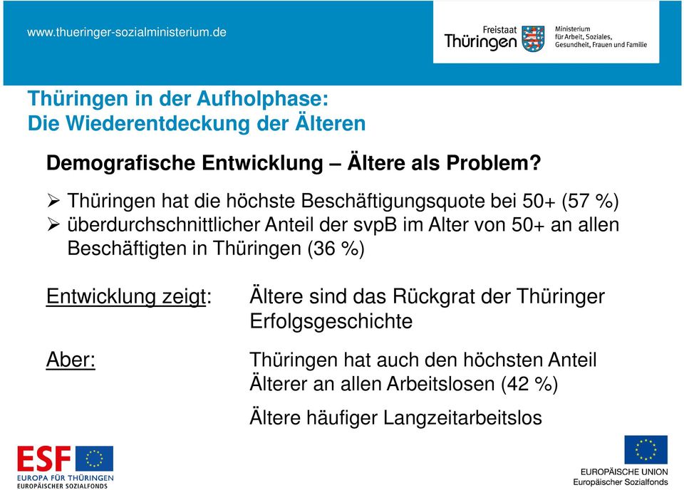 50+ an allen Beschäftigten in Thüringen (36 %) Entwicklung zeigt: Aber: Ältere sind das Rückgrat der Thüringer