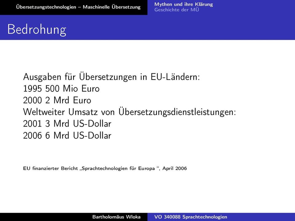 Übersetzungsdienstleistungen: 2001 3 Mrd US-Dollar 2006 6 Mrd