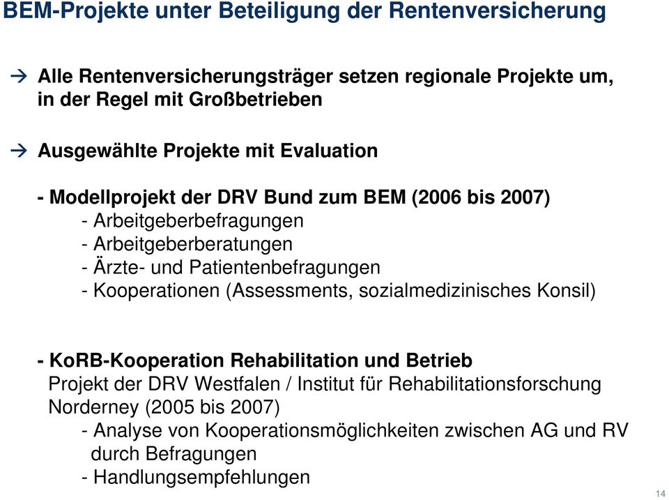 Patientenbefragungen - Kooperationen (Assessments, sozialmedizinisches Konsil) - KoRB-Kooperation Rehabilitation und Betrieb Projekt der DRV Westfalen /