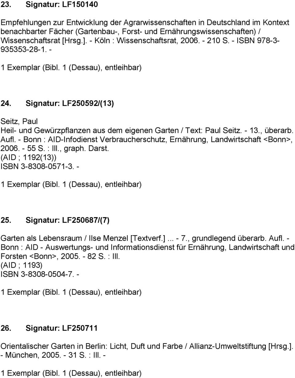 - Bonn : AID-Infodienst Verbraucherschutz, Ernährung, Landwirtschaft <Bonn>, 2006. - 55 S. : Ill., graph. Darst. (AID ; 1192(13)) ISBN 3-8308-0571-3. - 25.