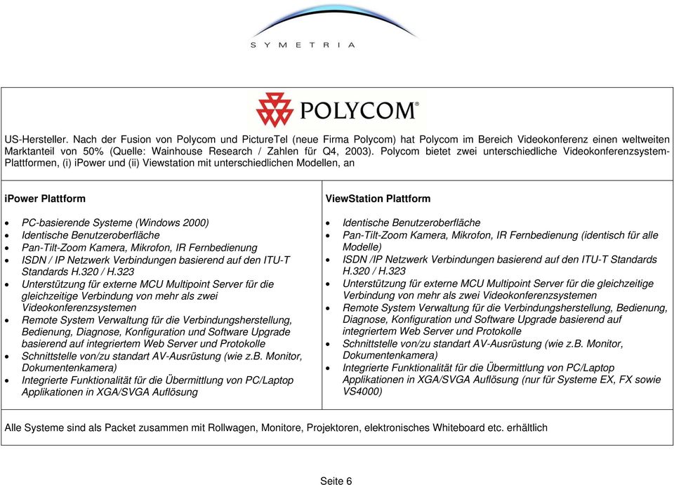 Polycom bietet zwei unterschiedliche Videokonferenzsystem- Plattformen, (i) ipower und (ii) Viewstation mit unterschiedlichen Modellen, an ipower Plattform PC-basierende Systeme (Windows 2000)