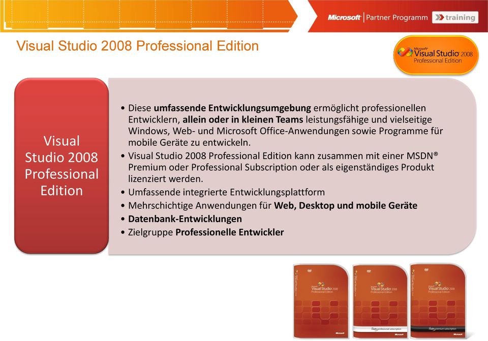 Visual Studio 2008 Professional Edition kann zusammen mit einer MSDN Premium oder Professional Subscription oder als eigenständiges Produkt lizenziert werden.