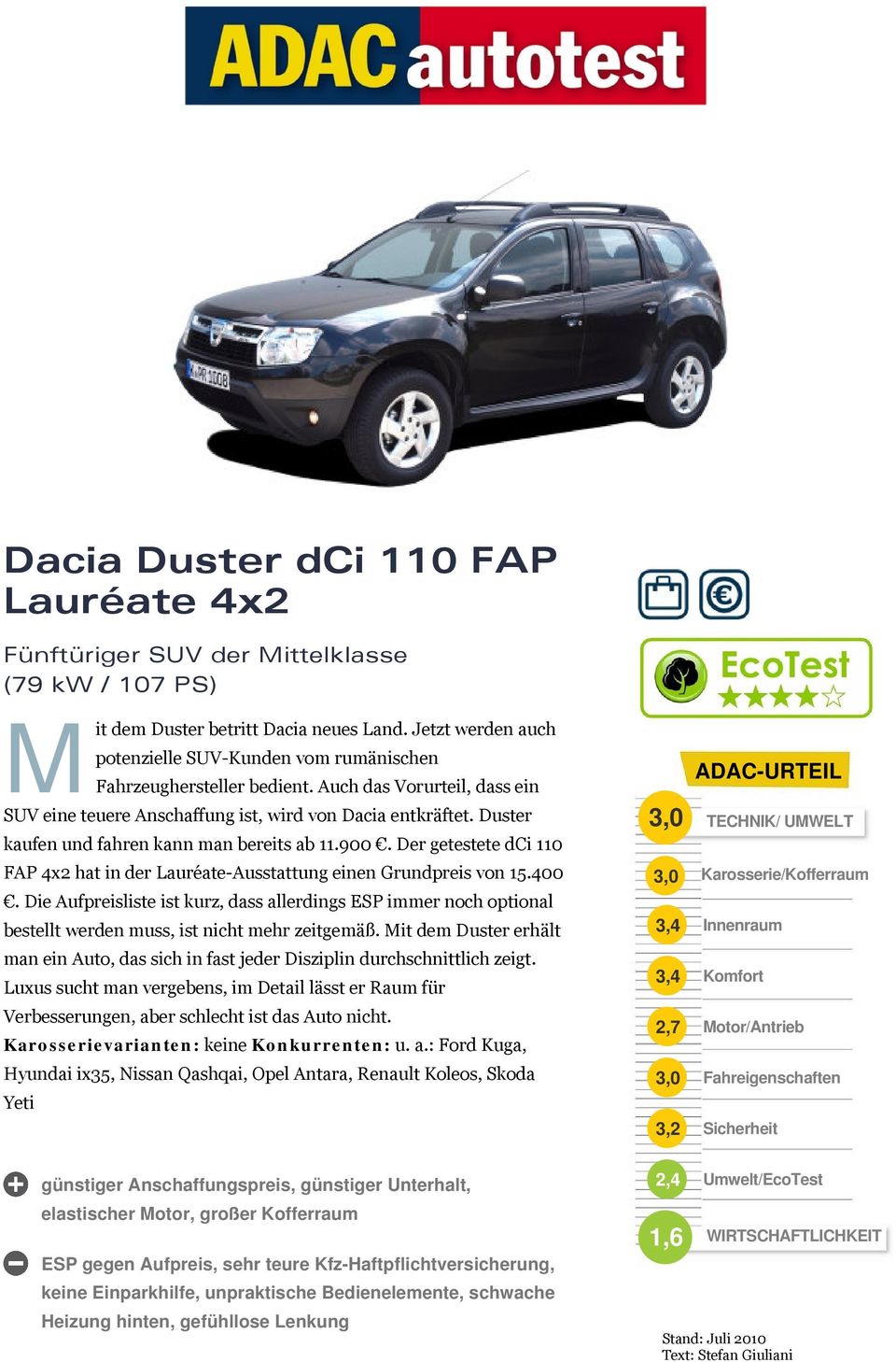 Duster kaufen und fahren kann man bereits ab 11.900. Der getestete dci 110 FAP 4x2 hat in der Lauréate-Ausstattung einen Grundpreis von 15.400.