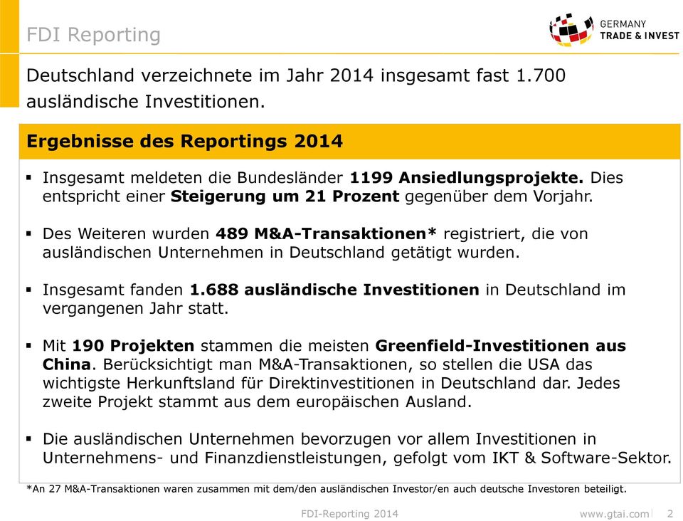 Insgesamt fanden 1.688 ausländische Investitionen in Deutschland im vergangenen Jahr statt. Mit 190 Projekten stammen die meisten Greenfield-Investitionen aus China.