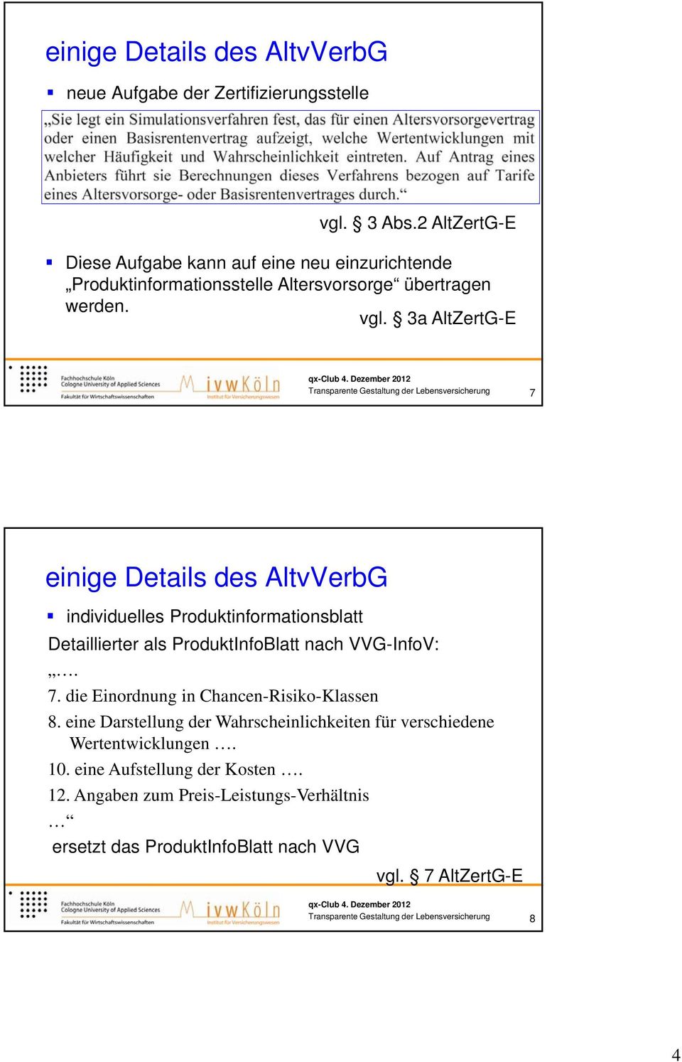 3a AltZertG-E 7 einige Details des AltvVerbG individuelles Produktinformationsblatt Detaillierter als ProduktInfoBlatt nach VVG-InfoV:. 7. die Einordnung in Chancen-Risiko-Klassen 8.