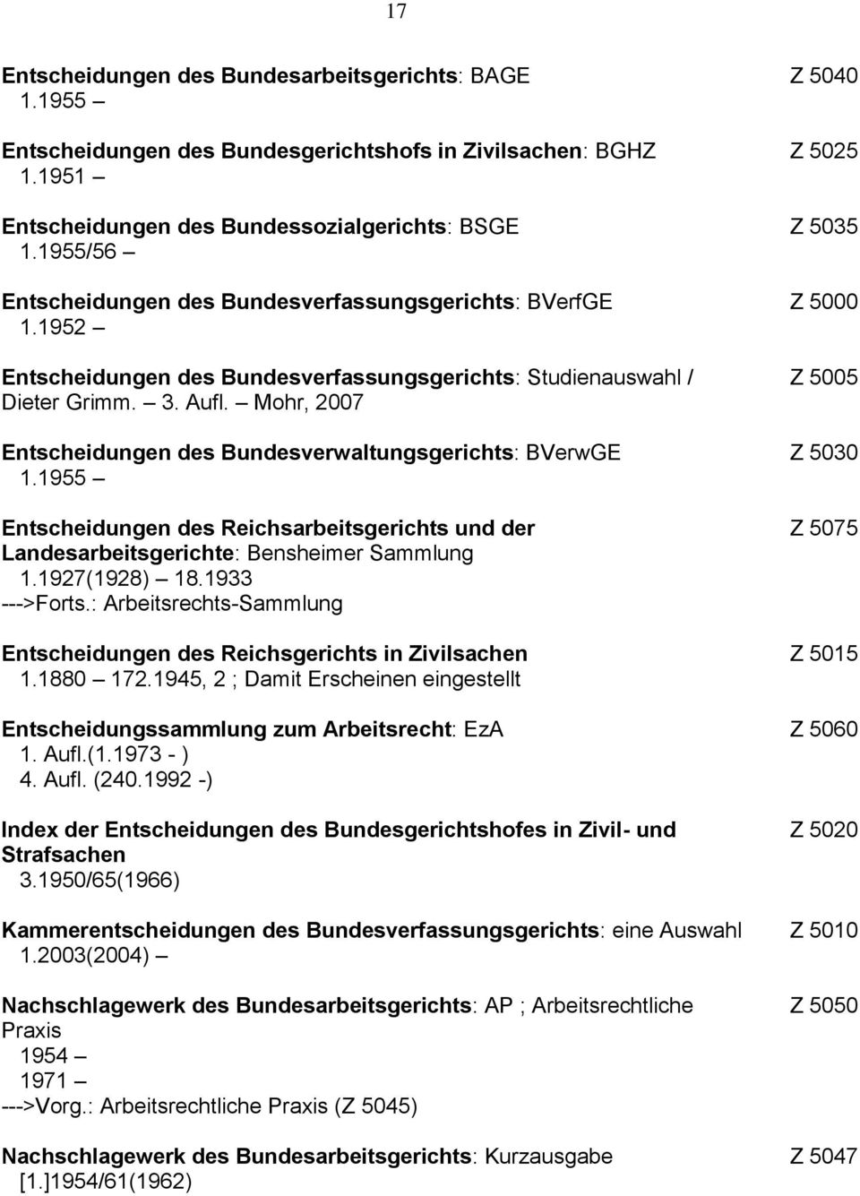 Mohr, 2007 Entscheidungen des Bundesverwaltungsgerichts: BVerwGE 1.1955 Entscheidungen des Reichsarbeitsgerichts und der Landesarbeitsgerichte: Bensheimer Sammlung 1.1927(1928) 18.1933 --->Forts.
