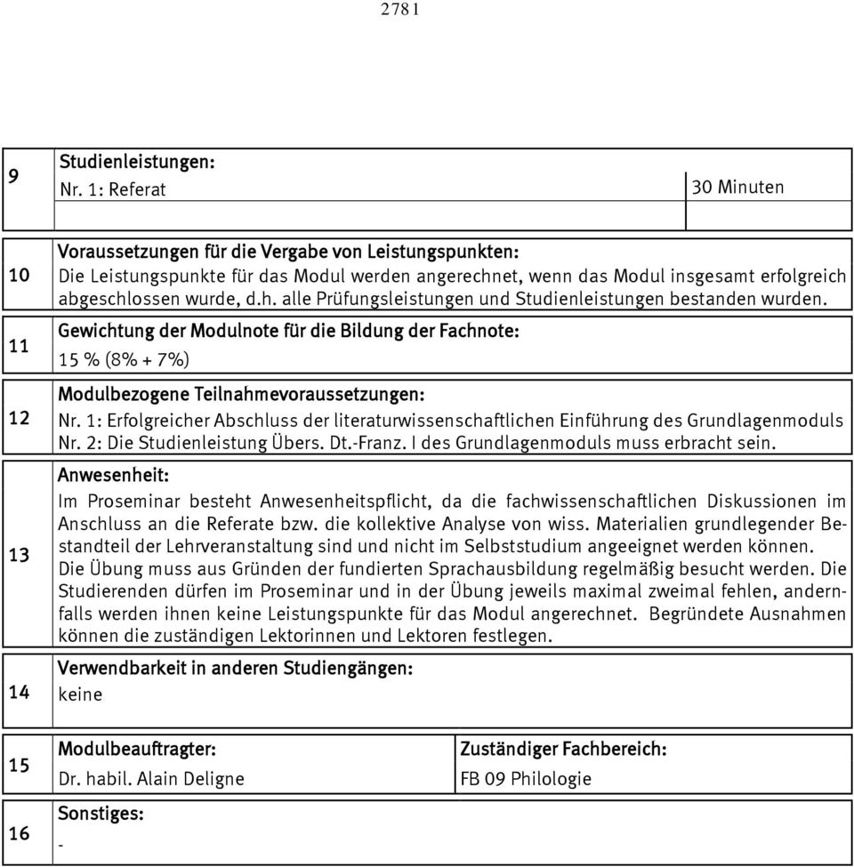 h. alle Prüfungsleistungen und Studienleistungen bestanden wurden. Gewichtung der Modulnote für die Bildung der Fachnote: 15 % (8% + %) Modulbezogene Teilnahmevoraussetzungen: Nr.