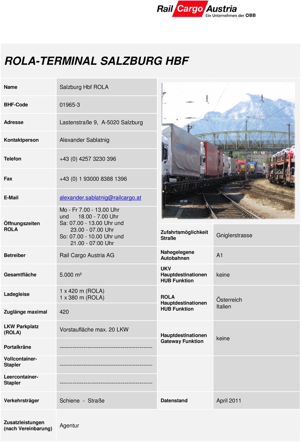 00-07:00 Uhr Gniglerstrasse Rail Cargo Austria AG A1 Gesamtfläche 5.000 m² 1 x 420 m () 1 x 380 m () 420 Italien () Vorstaufläche max.
